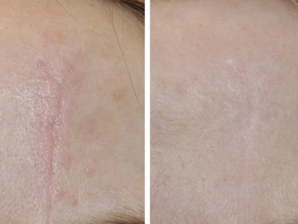 Forehead scar camouflage, before and after example
