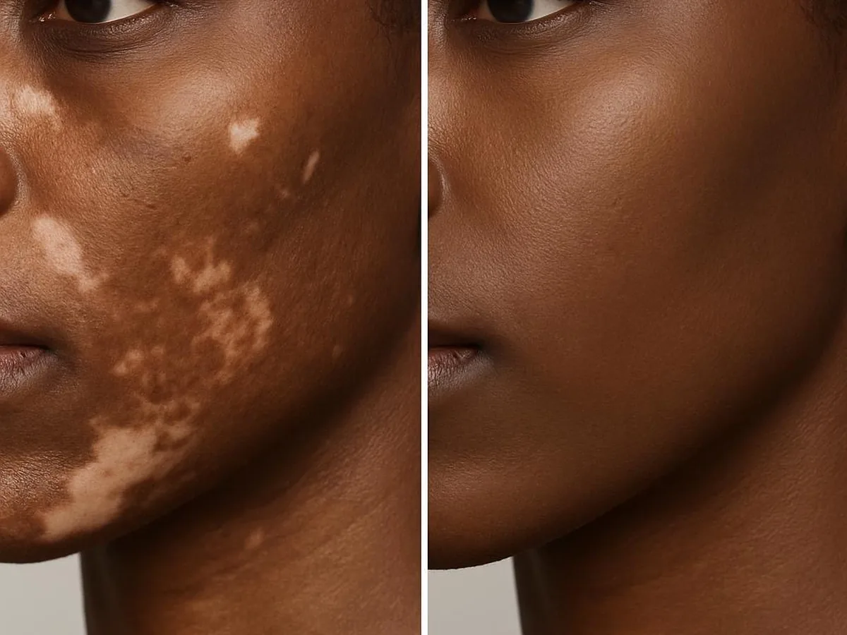 Vitiligo re-pigmentation, before and after example